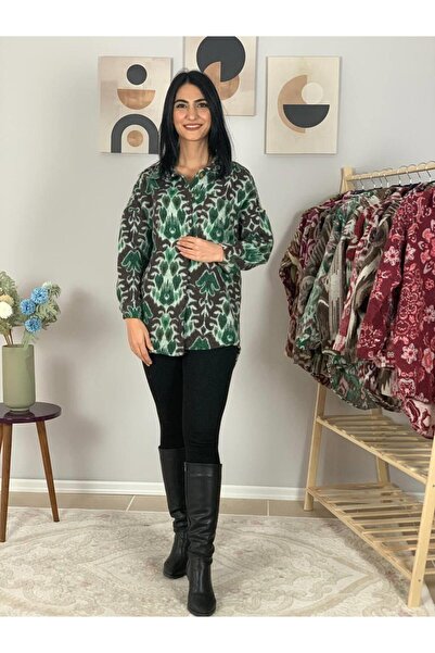 YusGos Women's Single Pocket Print Thick Lumberjack Jacket Shirt (Coffee-Green)