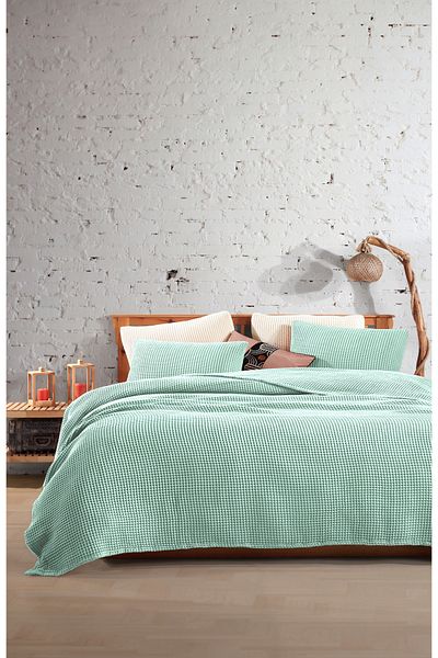destinyhometex Water Green Color 100% Cotton Waffle Double Bedspread Without Fringe 220X240