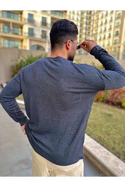 elkumoda Natural Cotton Knitted T-Shirt - Ripped Detail, Loose Fit Laser Cut Knitwear Sweatshirt
