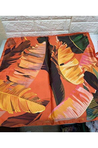 sema aksesuar Turuncu Yaprak Desenli Rayon Saten Fular 50*50 Cm
