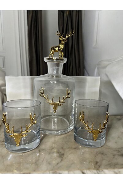 ASKAYA MERMER GOLD GEYİKLİ DETAYLI KARAF VE 2Lİ GEYİK DETAYLI BARDAK