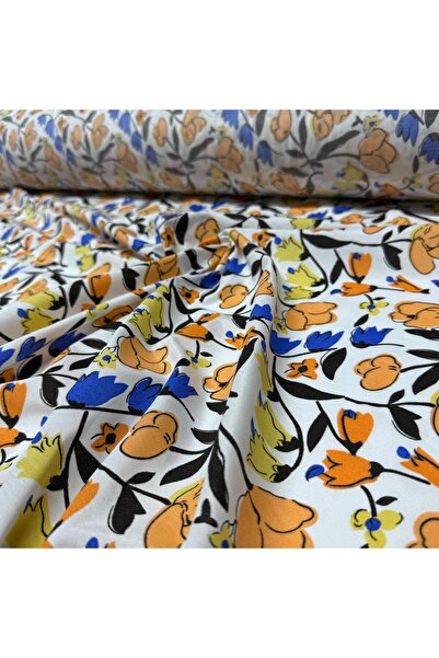 Yaren Ülker Poplin Kumaş En 150 cm (Çift En) Turuncu Mavi Çiçek Desenli