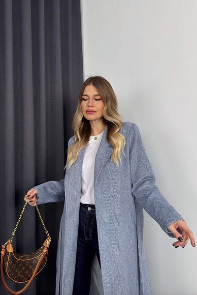 Sue Store Palton de lână cu curea căptușită cu picior de gală albastru gri