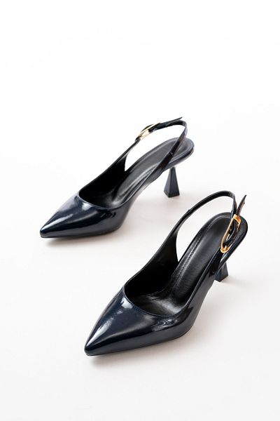 DURUNUN BUTİĞİ Anor Navy Blue Lakovaná kožená boční přezka (8 cm) Boty na podpatku se špičatou špičkou