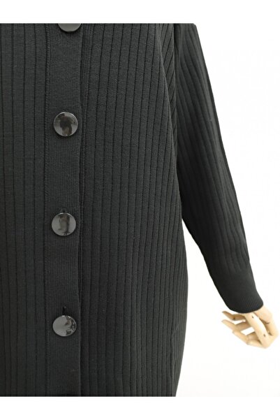 Modamorfo Ribbed Buttoned Long Knitwear Cardigan - Black