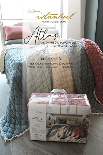 İyi Geceler İstanbul ATLAS %100 PAMUKLU ÇİFT KİŞİLİK MÜSLİN  YATAK ÖRTÜSÜ VE YORGAN SETİ