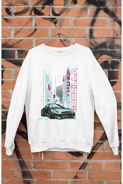 Fuddy Moda Hanorac fără glugă cu imprimeu GT-R Godzilla, hanorac unisex supradimensionat cu tematică auto