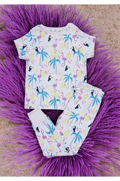 SeaBubbles Flamingo Print Short Sleeve Girl's Pajamas Set