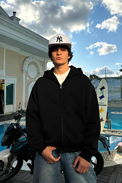 YAKAMEL Erkek Siyah Fermuarlı Bol Kalıp Kalın Kışlık Geniş Hırka