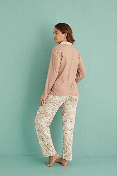 MEBA Kadın Thermal (Termal) Önden Düğmeli Pijama Takımı Kahverengi Hediye,Yeni Yıl Yılbaşı Çeyizlik