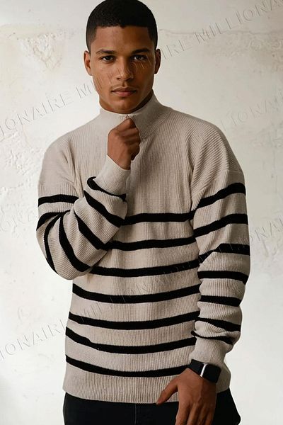 Millionaire Men's Stone Color Striped Zippered Turtleneck Knitwear Sweater
