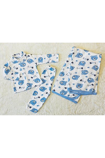 anne dokunuşu gibi KUZUM BEBE Mavi Fitilli Kumaş (3LÜ) Ayıcık Desen Kundaklı Bebek Takım