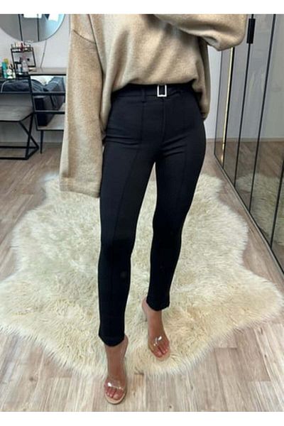 FEVİLLE Women's Black High Waist Slim Leg Buckle Fabric Trousers