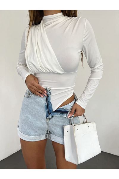 LB Laluna Butik Women's Chest Gathering Detailed Long Sleeve Bodysuit