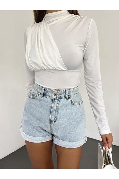 LB Laluna Butik Women's Chest Gathering Detailed Long Sleeve Bodysuit