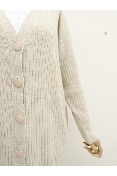 Modamorfo Ribbed Long Knitwear Cardigan - Buttoned and Stone Colored