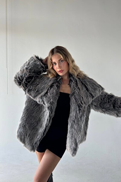 Senarce Krátký kožešinový kabát s měkkou texturou Oversize Grey Melange