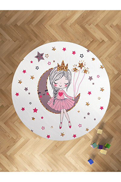 BAMBAŞKA MODA BEBEK VE ÇOCUK ODASI Ayda Oturan Kız Desenli Yuvarlak Halı BMYH...