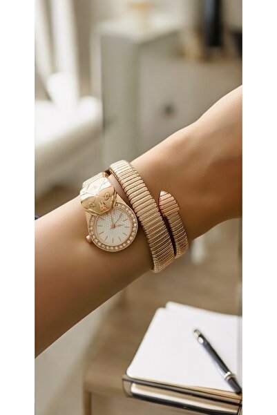 Spectrum ساعة يد كلاسيكية بحجر الزركون على شكل ثعبان ذهبي وردي، هدية خاصة للعشاق