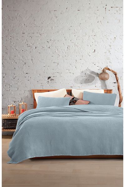 destinyhometex Hawaii Blue 100% bumbac Waffle Husă de pat simplă fără franjuri 160x240 cm