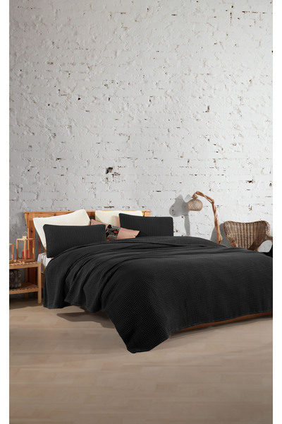 destinyhometex Черна 100% памучна вафлена единична покривка за легло без ресни 160x240 см