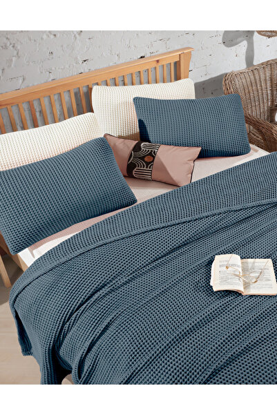 destinyhometex Royal Mavi %100 Pamuk Waffle Tek Kişilik Saçaksız Yatak Örtüsü 160x240 Cm