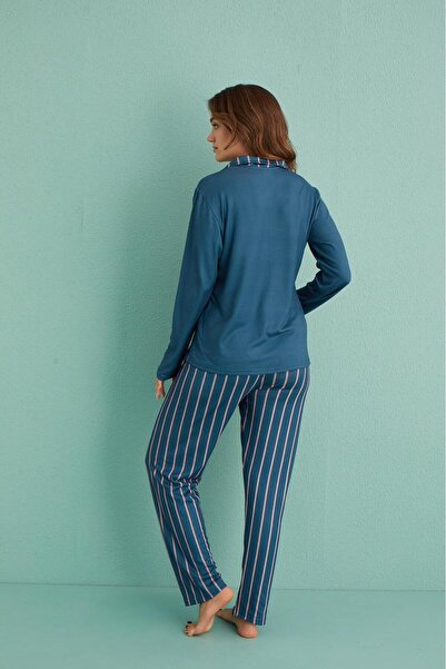 MEBA Kadın Thermal (Termal) Önden Düğmeli Pijama Takımı Lacivert Çizgi Hediye,Yeni Yıl Yılbaşı Çeyizlik