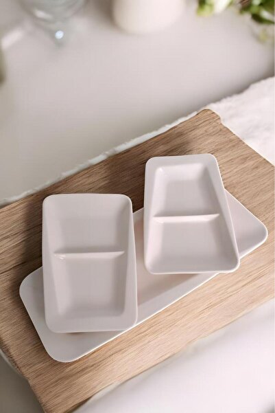 Digithome İstanbul Porselen 3 Parça Bölmeli Kayık Servis Tabağı Seti Krem C-320.035