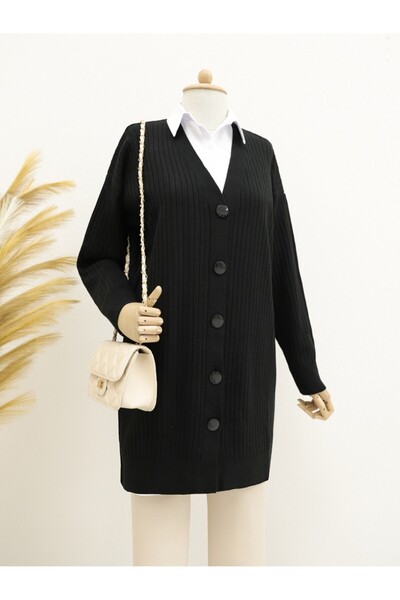 Modamorfo Ribbed Buttoned Long Knitwear Cardigan - Black