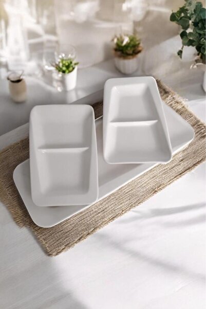 Digithome İstanbul Porselen 3 Parça Bölmeli Kayık Servis Tabağı Seti Krem C-320.035