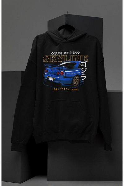 Fuddy Moda Hanorac oversize unisex cu imprimeu Skyline GT-R34 - Hanorac cu glugă, cu tematică auto