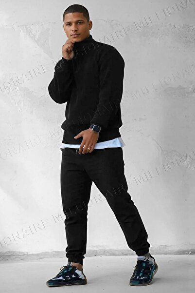 Millionaire Erkek Siyah Fermuarlı Balıkçı Yaka Kışlık Triko Kazak