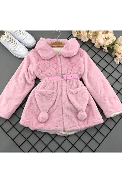 Bebeğimin Dolabında Kız Çocuk Pembe Tavşan Kürklü Mont