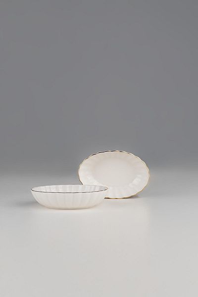 Kütahya Porselen 15 cm Oval Bowl - Bone Luz Form 2 Pieces Gold Mesh