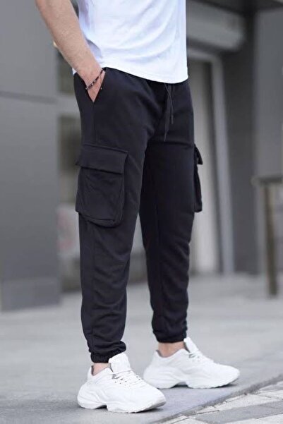 THE WHITE Pantaloni de sport negri elastici pentru bărbați, buzunar cargo piese