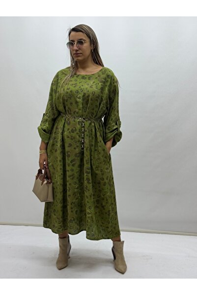 İTALYAN BUTİK İTALYAN LEOPAR DESEN BİSİKLET YAKA CEPLİ ELBİSE