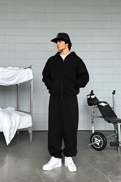 BayBayan Ανδρική μαύρη ζακέτα με φερμουάρ Kangaroo Pocket Hooded 3-strand Raised