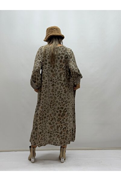 İTALYAN BUTİK İTALYAN LEOPAR DESEN BİSİKLET YAKA CEPLİ ELBİSE