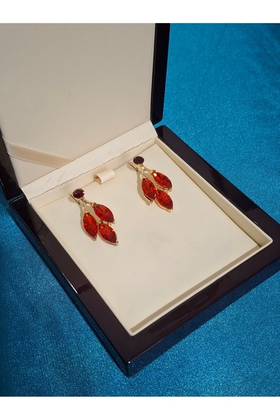 ER TAKI Gold Renkli Kırmızı Taşlı Şık Parti Nişan Kına Düğün Abiye Küpe