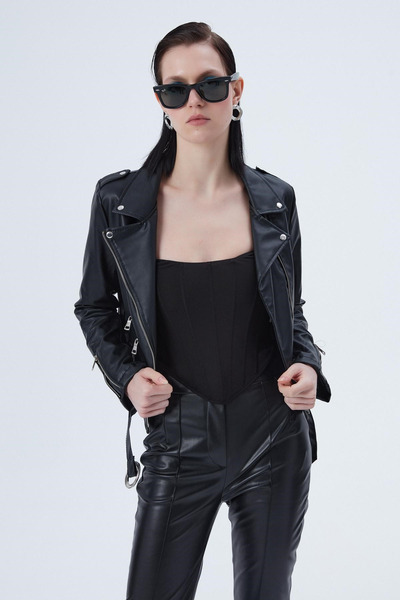 My Blog Jachetă de piele neagră de damă cu buzunar cu fermoar