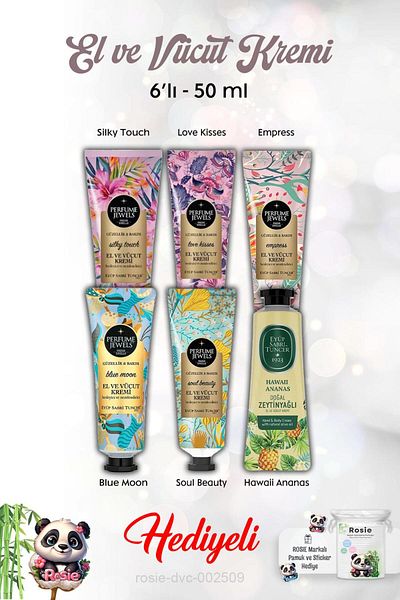 Eyüp Sabri Tuncer Silky Touch, Love Kisses, Blue Moon, Hawaiian Pineapple, Empress, Soul Beauty Hand Cream 6 Pcs 50 ml and Rosie