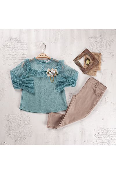Elayza Gabardin Double Suit with Pant, Bluzu Tular Garni