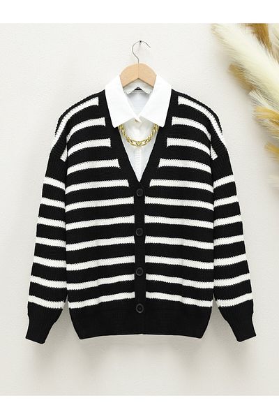 Modamorfo Thick Striped Buttoned Cardigan - Black