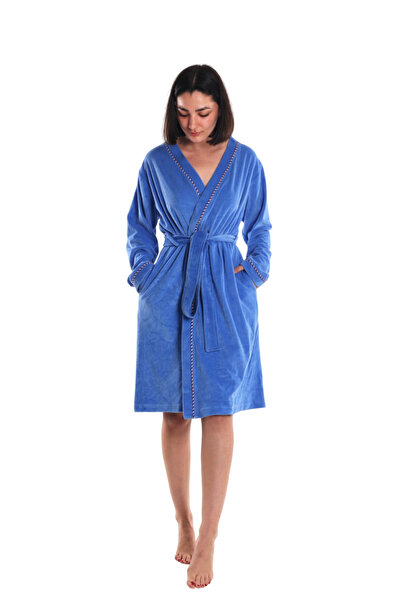 ASN concept Kadın Mavi Renk Kadife Sabahlık (BÜYÜK BEDEN SEÇENEĞİYLE)