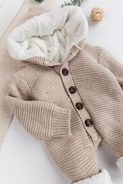 Babymod Knitwear Knitted Welsoft Lined Hooded Winter Baby Rompers