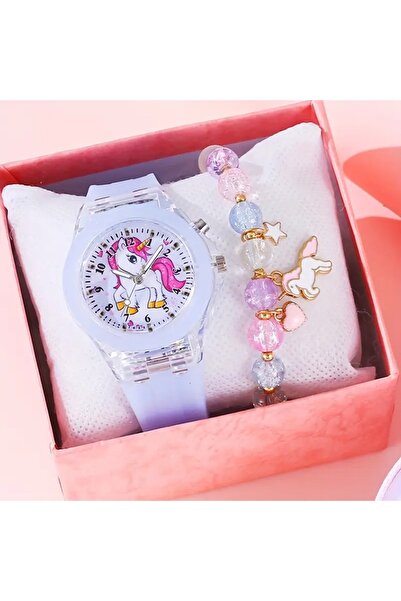 GlassySKY Sevimli Unicorn LED Kuvars Saat ve Boncuklu Bileklik Hediye Kutulu ...
