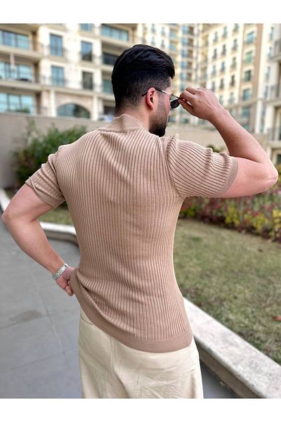 elkumoda Тениска с дишаща оребрена яка с половин яка, устойчива на пот, с прилепнал крой