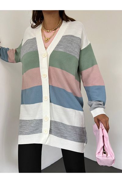 Modamorfo Bunt gestreifter Strick-Cardigan – Puder