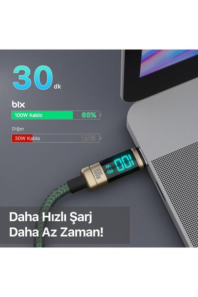 Bix Type-c To Type-c 100w 480mbps E-marker Çipli Led Dijital Ekranlı Şarj Ve Data Kablosu 1 Metre Br