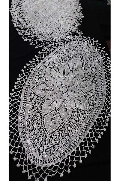 Papatyam 3Pcs 55X35 and 1Pcs 70X40 Coffee Table Set - Hand Knitted Skewers Handwork Lace Set/Vintage/Floush Rope